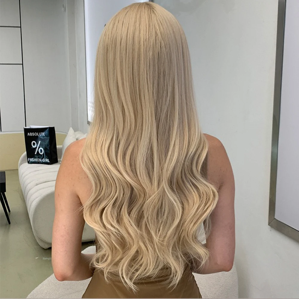 Loira ondulada perucas sintéticas com franja natural cabelo longo para mulheres festa diária lolita cosplay peruca sem cola resistente ao calor