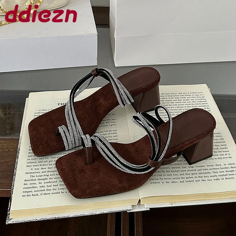 

Luxury Fashion Rhinestones Ladies Square Heels Pumps Shoes Female Slip On Footwear Women Heels Pumps Slides Shoes Sandals