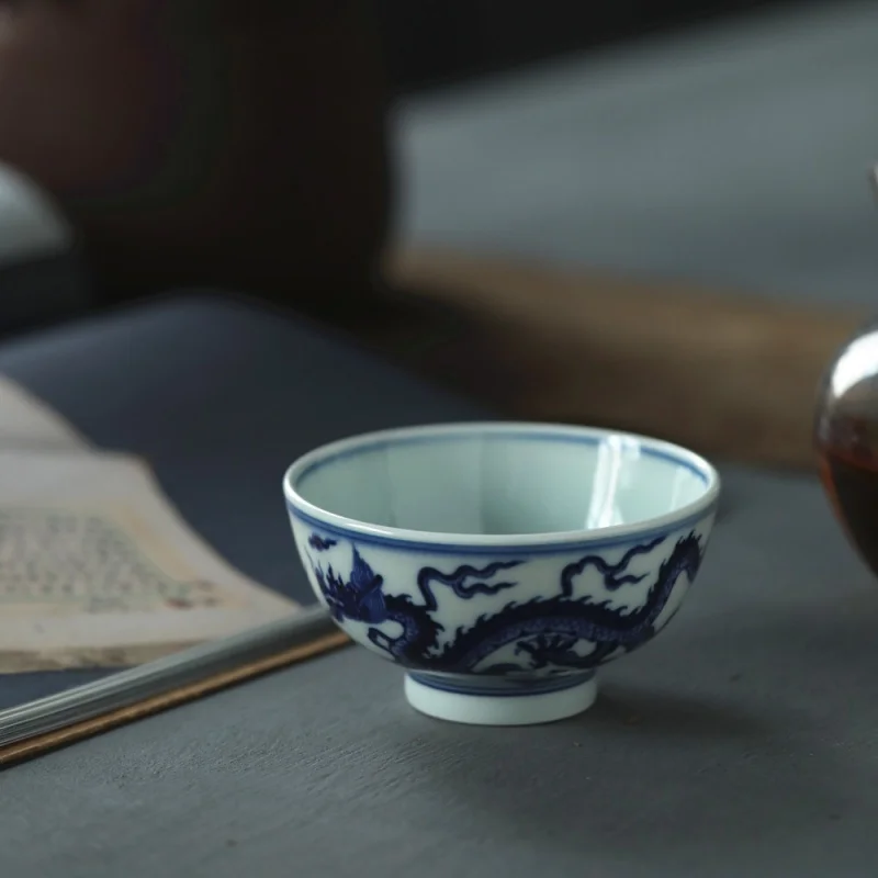 Mr. Qing Double-Sided Hand-Painted Blue and White Wood Kiln Blue and White Double Dragon Inner Printed Embryo Pressure Bottle Ma