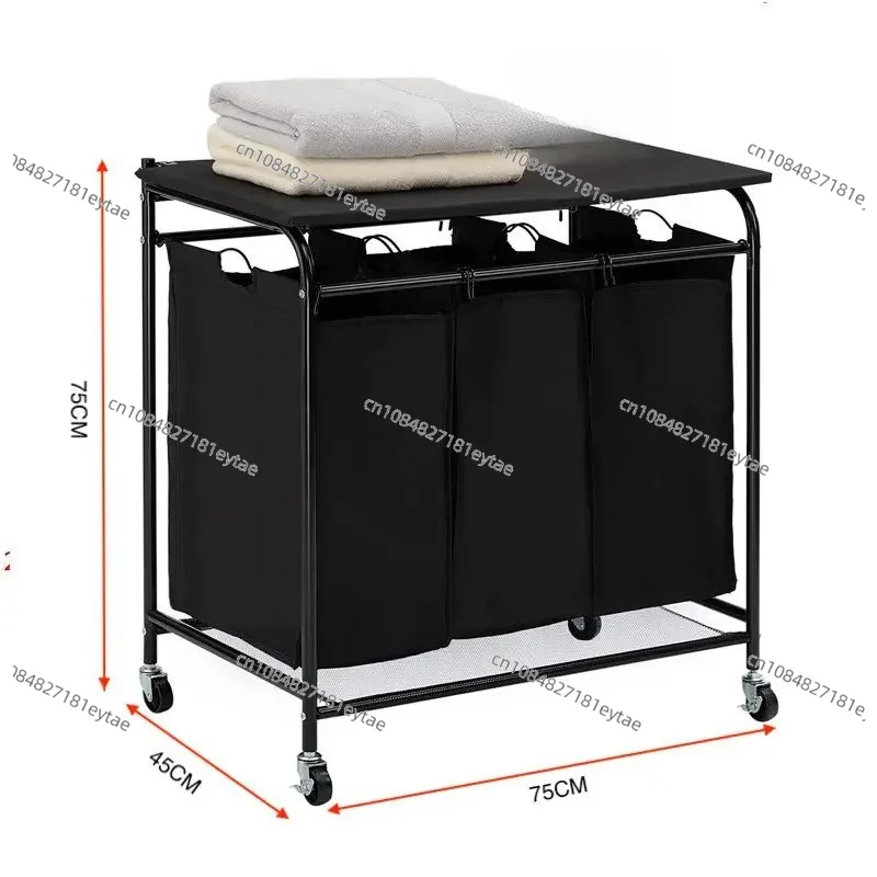 

Movable 3 Compartment Laundry Hamper Basket 600D Dirty Clothes Classification Cart with Ironing Board