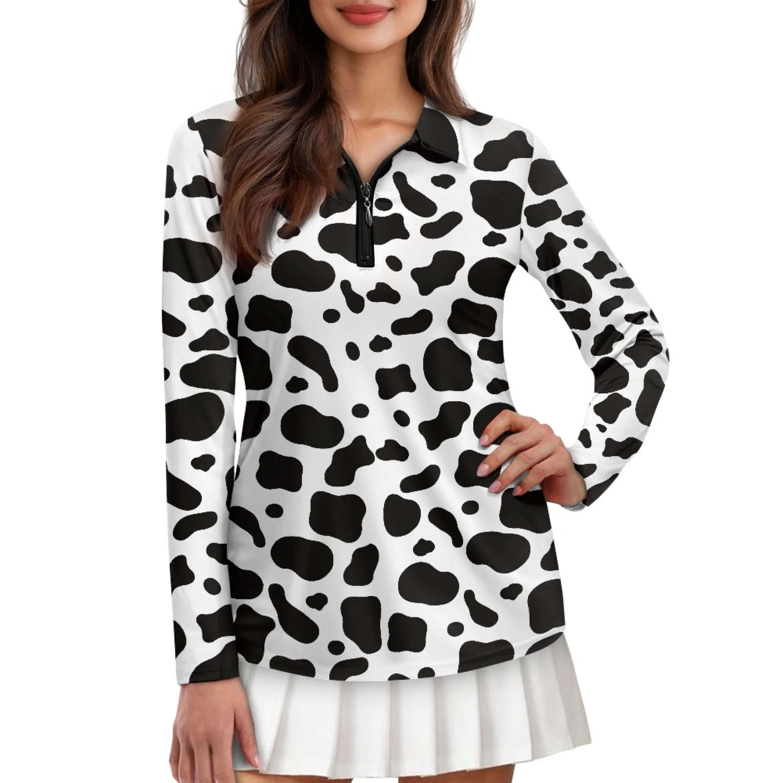PENSTROLL Cow Print Womens Plus Size Golf Tops Soft Zip Polo Tennis Top for Gym