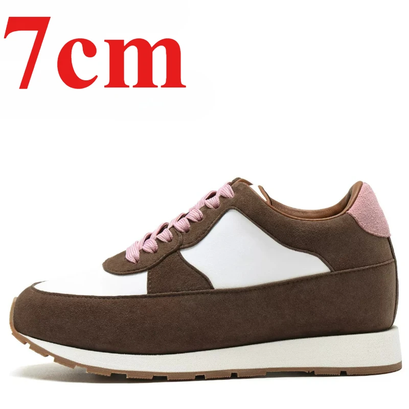 Female Hidden Heel Shoes Women's Comfortable 7cm Elevator Shoes Genuine Leather Breathable Retro Casual Height Increasing Shoes