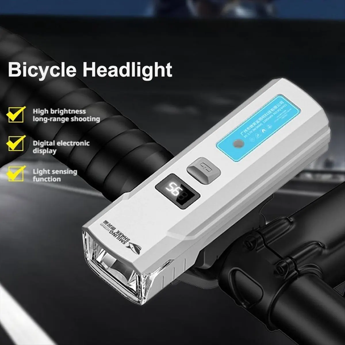 Farol de bicicleta com display digital, lanterna à prova d'água de alto brilho para passeios noturnos de montanha, branco