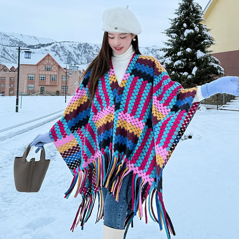 Autumn Winter Poncho Knitwear Oversized Cape Trendy Luxury Fringe Checkered Outerwear Scarf Travel Chic Stylish Wraparound Cloak