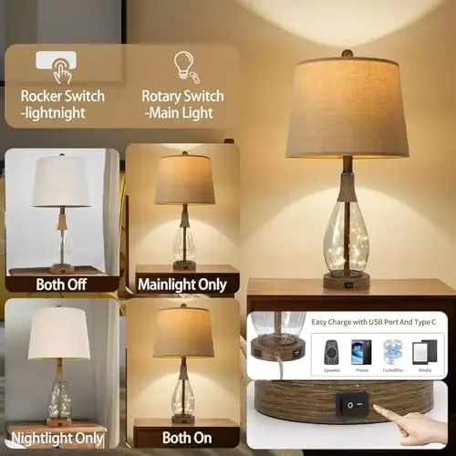 Bedside Table Lamps Set of 2 with USB, Modern Bedside Lamps Retro Farmhouse Rattan Glass Nightstand Nightlight Lamps