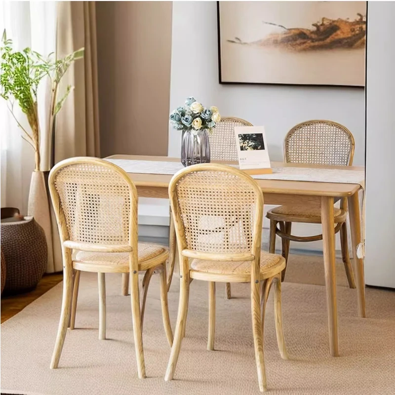 

Rustic Rattan Weave Dining Chairs Scandinavian Solid Wood Living Room Chair Single Backrest Dressing Chair Wedding Guest Seating