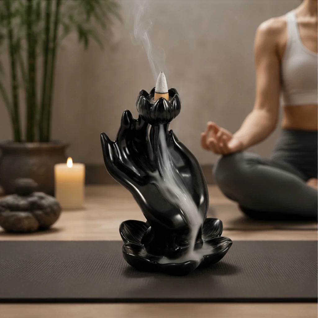 Backflow Incense Burner Resin Lotus Hand Waterfall Incense Holder Aromatherapy Zen Home Office Decor Meditation Gift