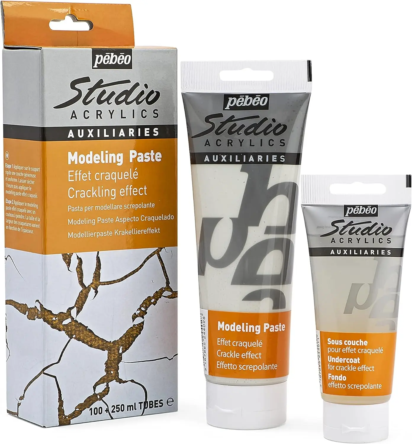 Pebeo Phase Kit-2 Tubes 100 Ml + 250 Ml Studio Acrylics Modelling Paste Crackled Effect Ideal for Creating Textures White