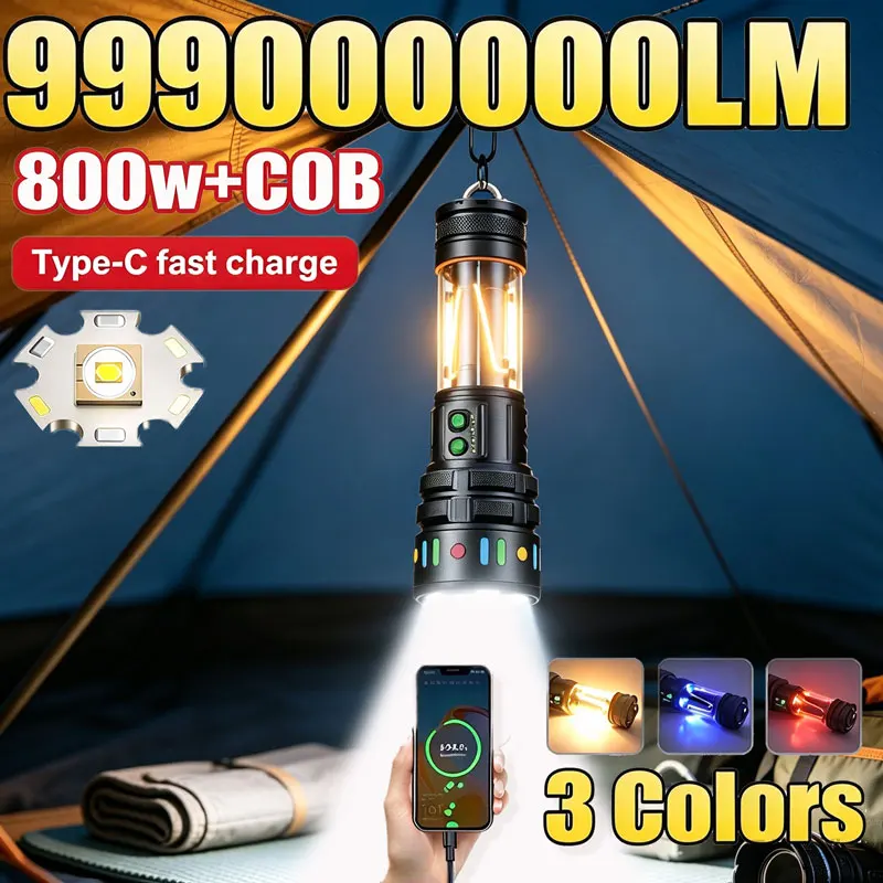9990000000LM Ultra Powerful 800W LED Flashlight Rechargeable Flashlights High Power Strong Light Tactical Torch Camping Lantern