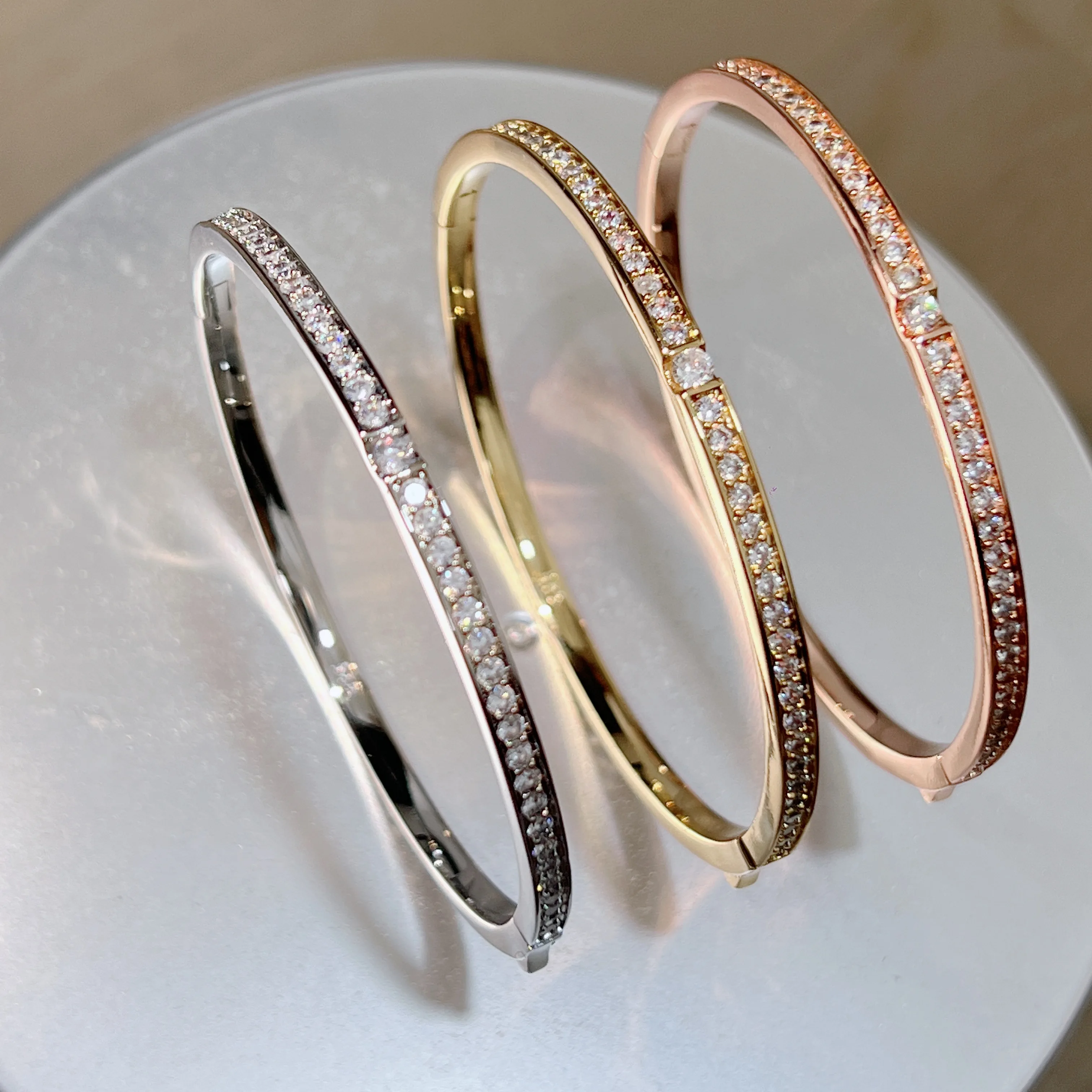 Pure 925 Sterling Silver Full Diamond Bracelet Classic Design Party Jewelry Friendship Bracelet Silver Bangle Rose Gold 17CM