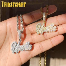 New Iced Out Bling CZ Cursive Letter Hustle Pendant Necklace Cubic Zirconia Charm Men Women Fashion Hip Hop Jewelry