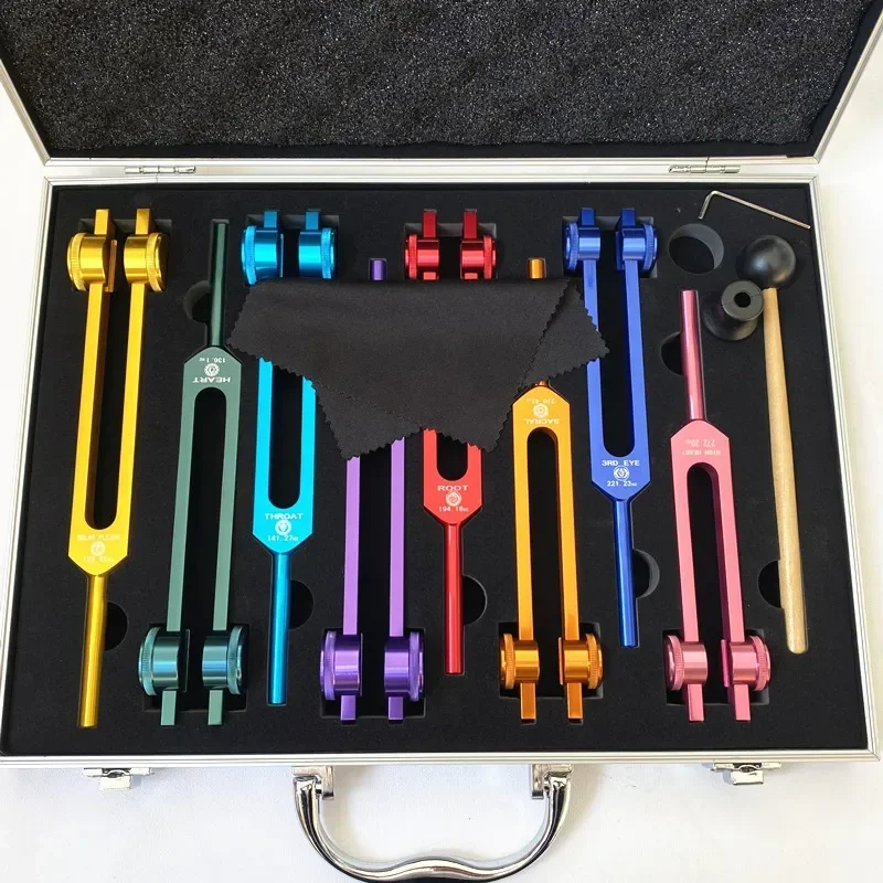 8pcs Colorful Chakras Tuning Fork Set Aluminum Alloy Diapason Music Therapy Sound Healing Tools Chakra Healing Instruments Gifts