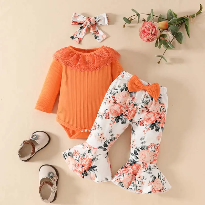 

0-18Months Newborn Baby Girl 3-Piece Outfit Lace Lapel Pit Stripe Long Sleeve Bodysuit Floral Printed Flared Pants With Hairband