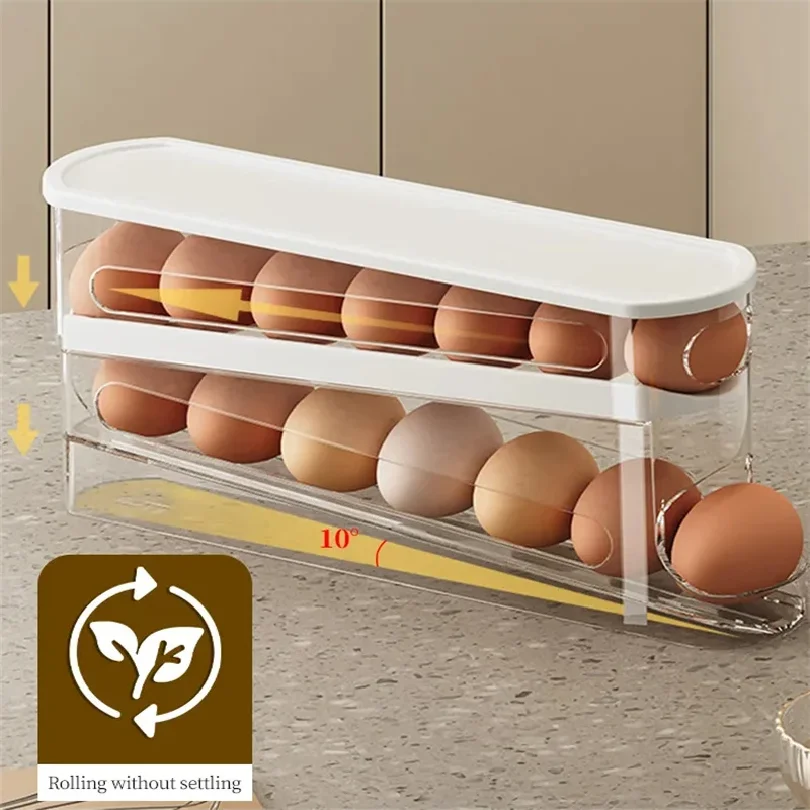 Slide Type Egg Carton Double Automatic Egg Roller Refrigerator Side Door Egg Storage Kitchen Countertop Egg Holder