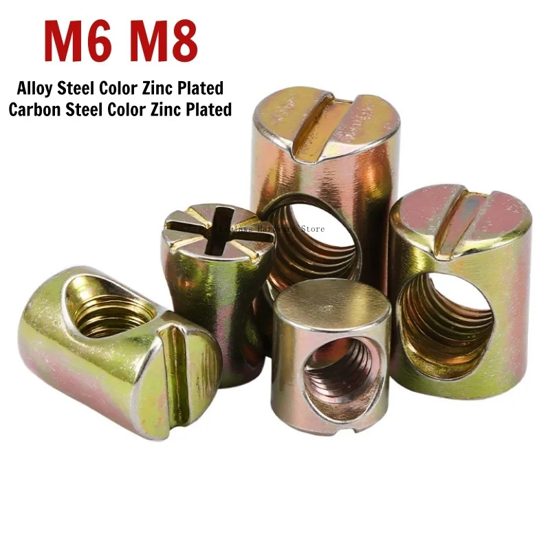 M6 M8 Furniture Hammer Barrel Nut Slotted Color Zinc Carbon Steel Cross Dowel Nuts Zinc Alloy Wood Insert Fasteners