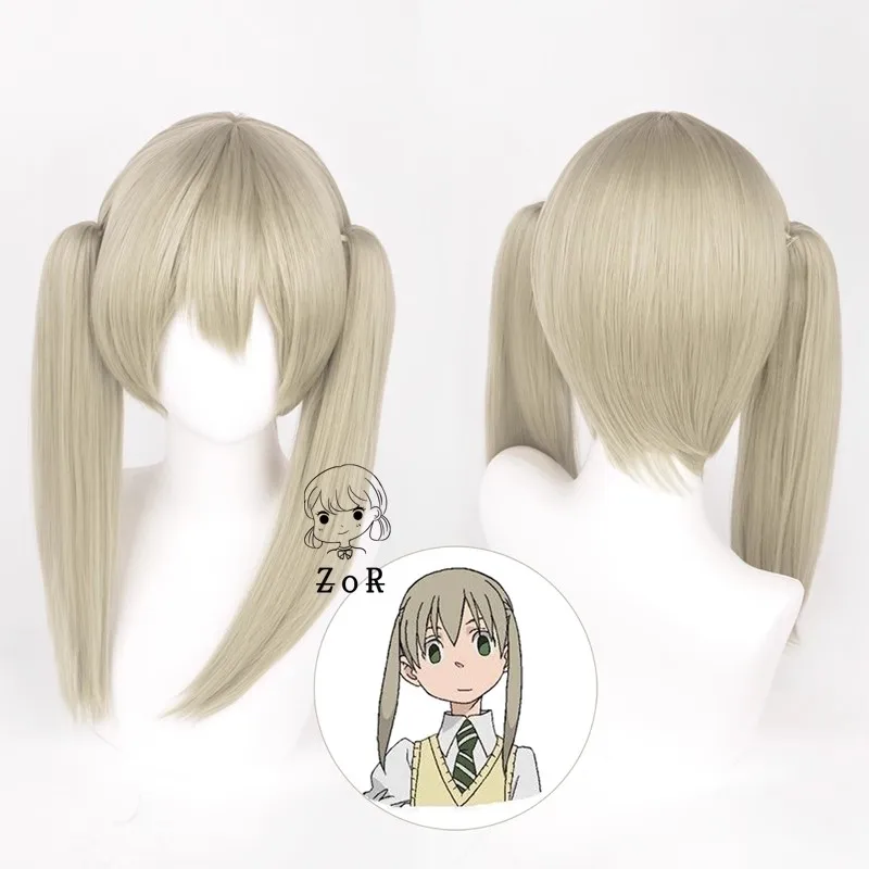Anime Maka Albarn Cosplay Wigs Linen Double Clip Ponytail Heat Resistant Synthetic Hair Cosplay Wig + Wig Cap