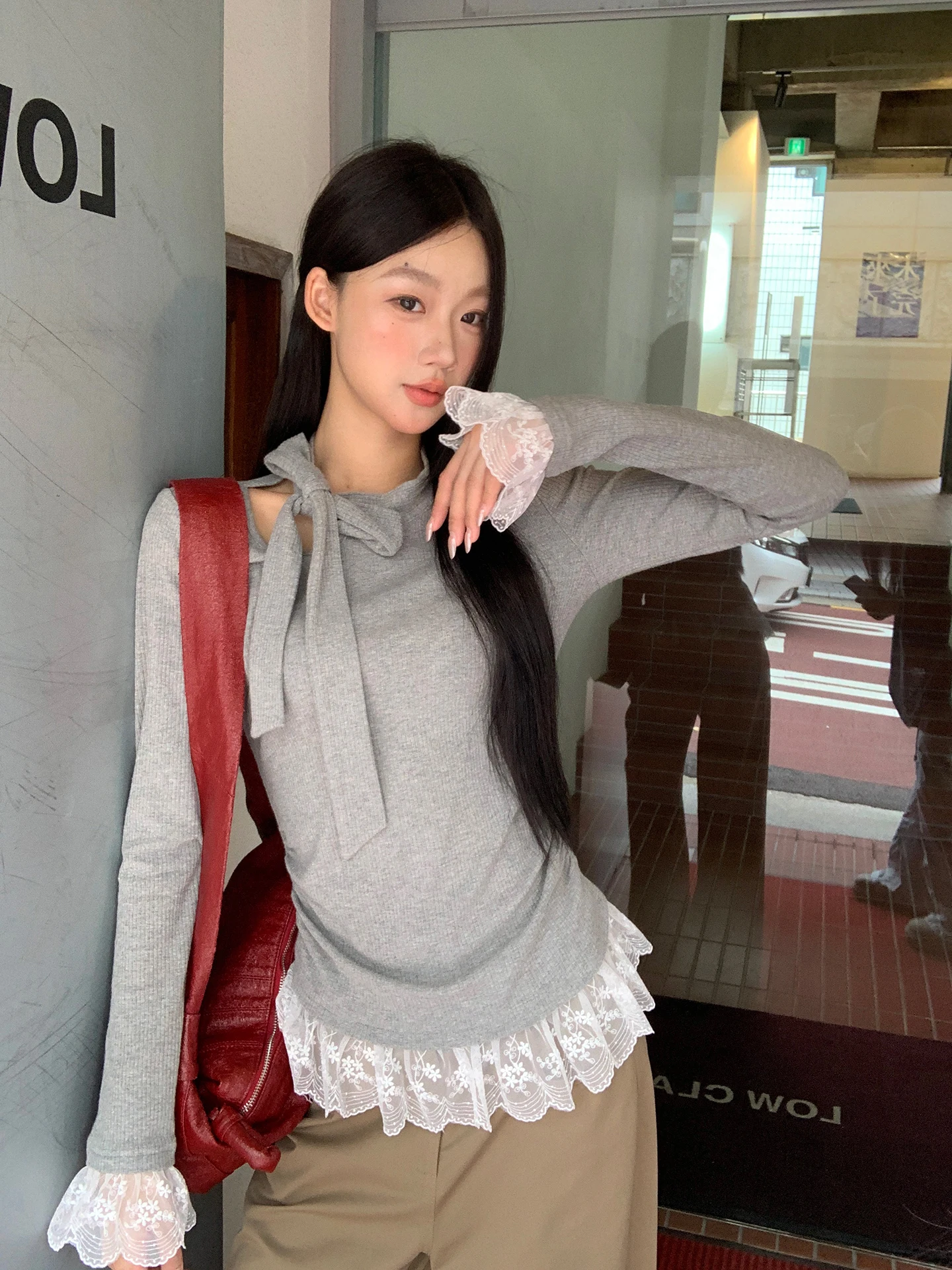 

Ay Long Sve Base irt, женский корейский кружевной дизайн, искусственный двухсекционный топ для поездок на работу, простой хлопок, осенние новые поступления