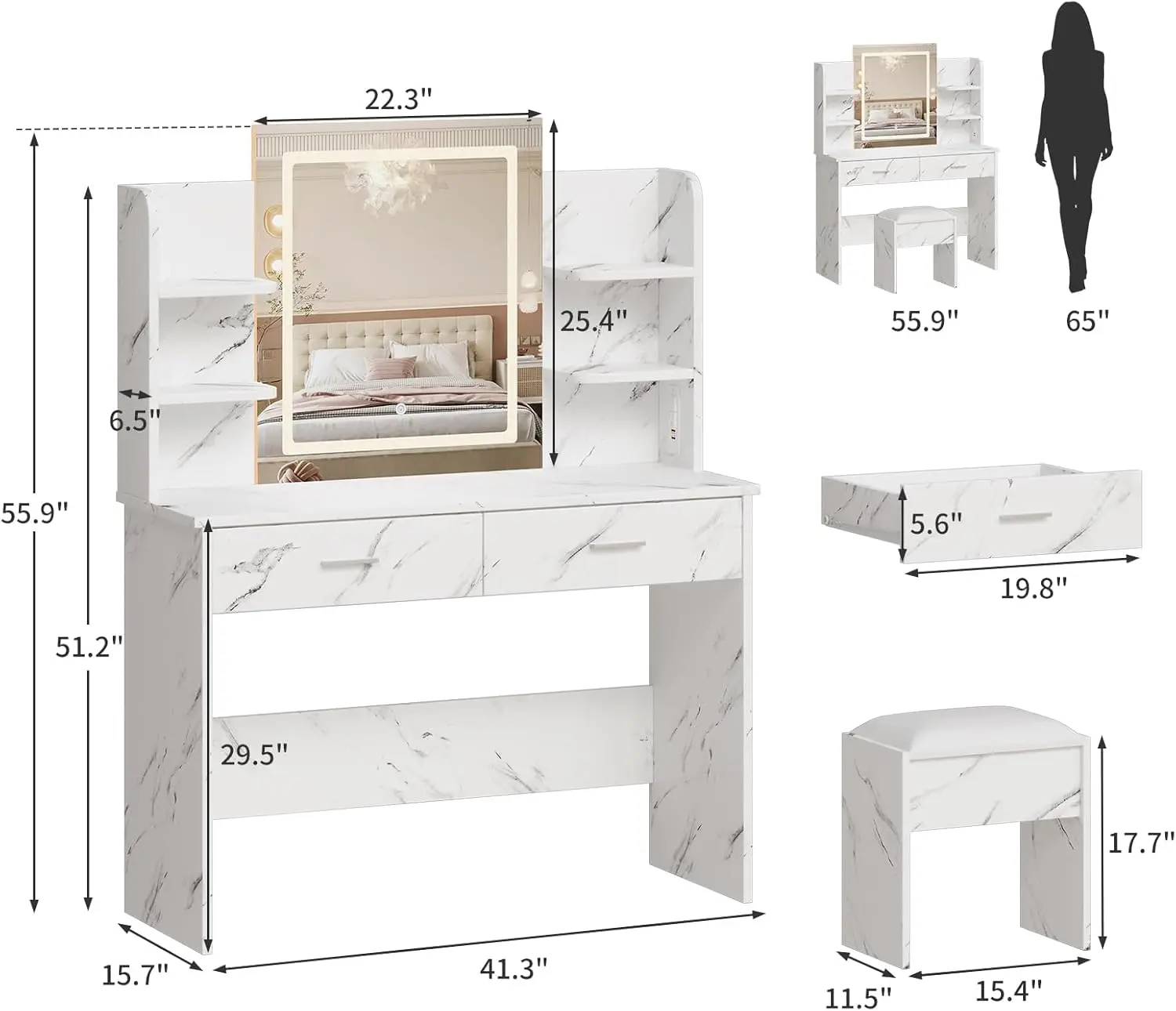 Marble White Vanity Desk with Tri-Mode LED Lights, Charging Station, Shelves, Drawers and Stool for Bedroom