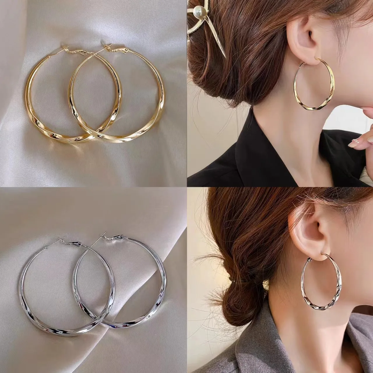 Elegant 5cm Round Drop Earrings For Women, Everyday Silver Color Metallic Hoop Earring, Party Jewelry Fashion Accessories