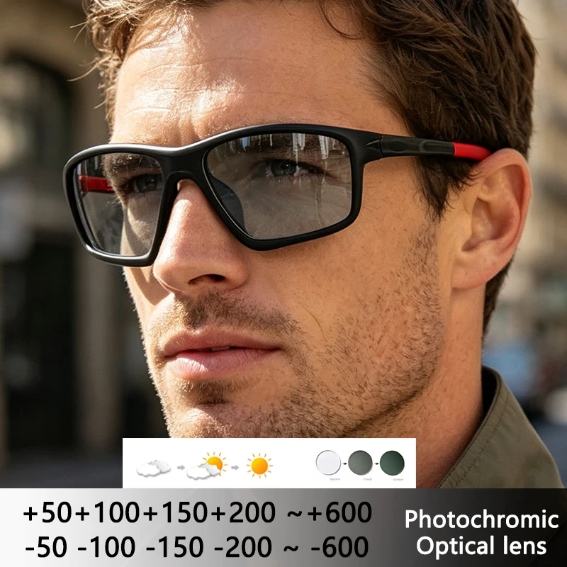 Trendige Herren-Myopie-Brille mit photochromen Gläsern, Sport-Lesebrille, Herren-Sonnenbrille mit Sehstärke -1 bis -1,5 Dioptrien