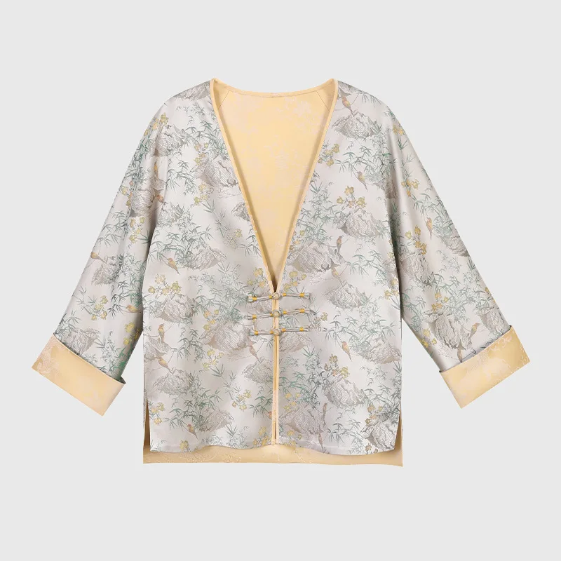 High Quality Women's Spring and Autumn New Chinese Style Collar Top Silk Vintage Button Cardigan Coat