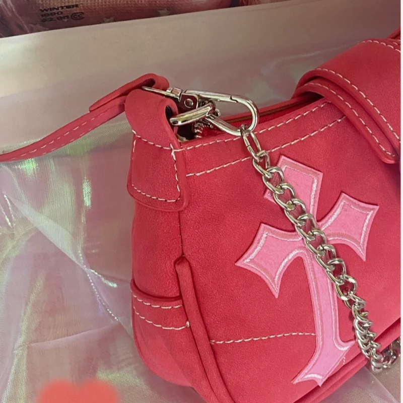 Y2K Fashion Shoulder Bag PU Leather Bags for Women Hottie Chain Pink Hobo Bags Female Underarm Bag Sweet Cool Girls Handbags