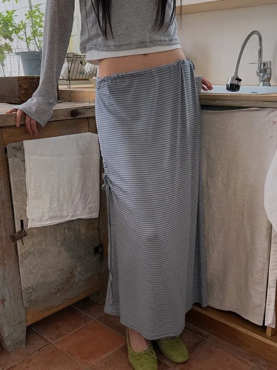

Korean Style Age-Defying Stripe Drawstring Pleated Half Skirt Women's Summer New High Waist Slimming Long Skirt Fashionable