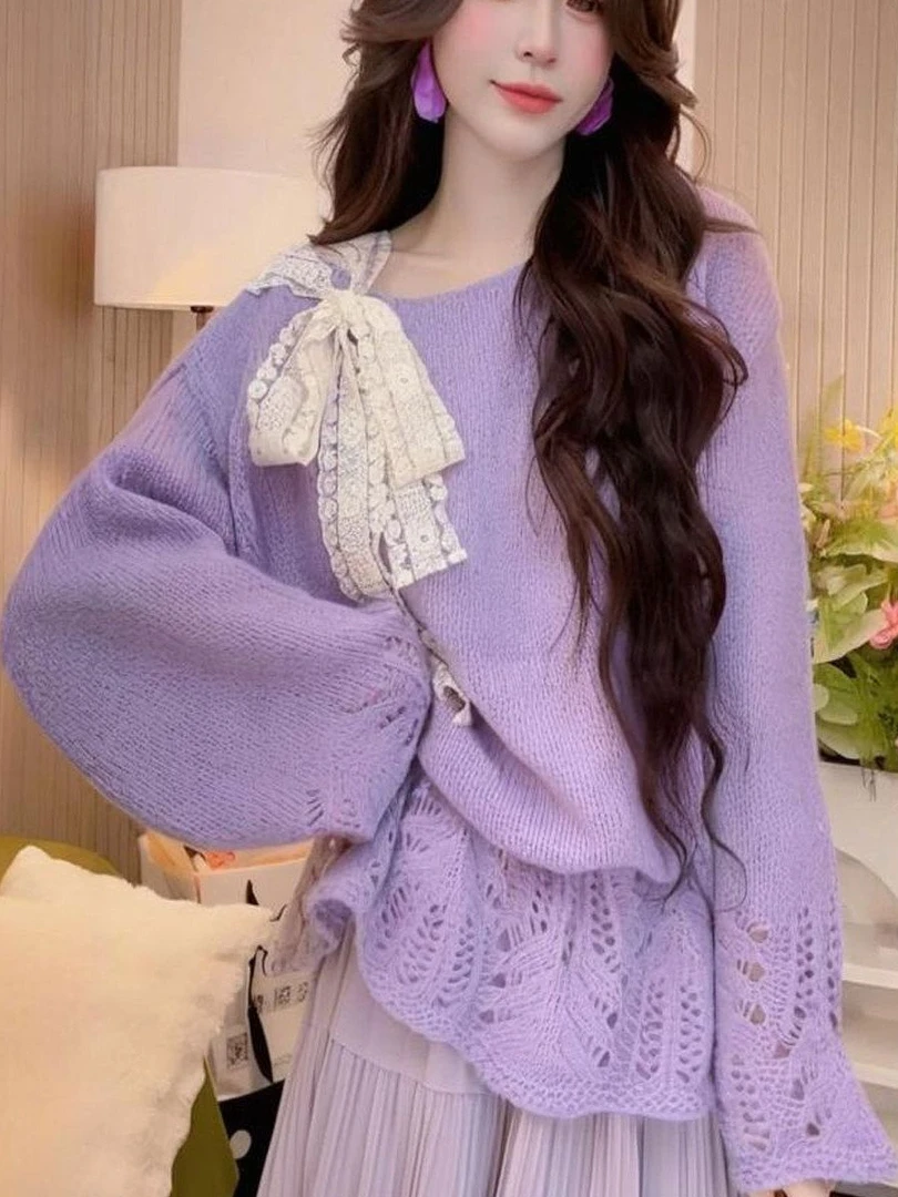 

Новинка 2025: Женский вязаный свитер Aosphere Purple с ажурным узором, свободного кроя, комфортный, для ранней осени