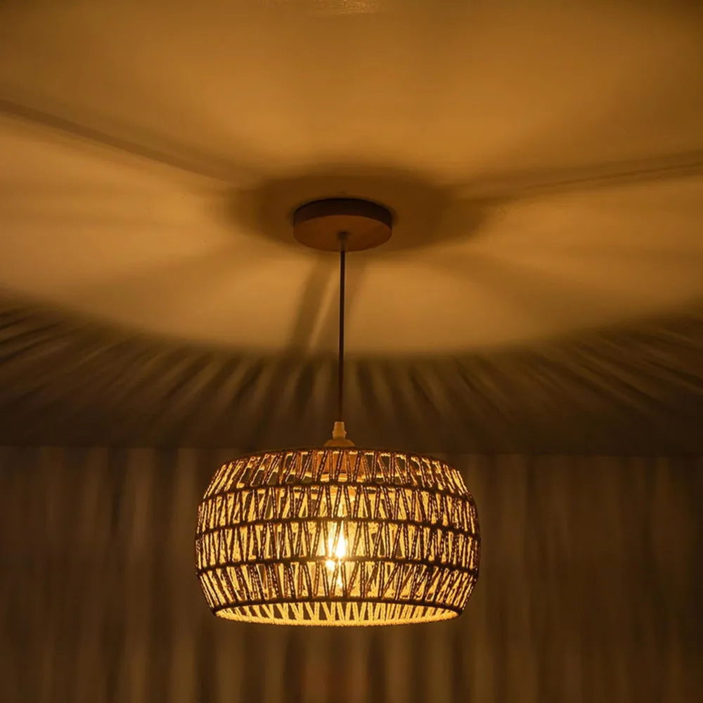 Vine Bohemian Embedded Installation Suspended Woven Lampshade Wooden Base Pendant Light, Kitchen Island Corridor Bedroom Dining