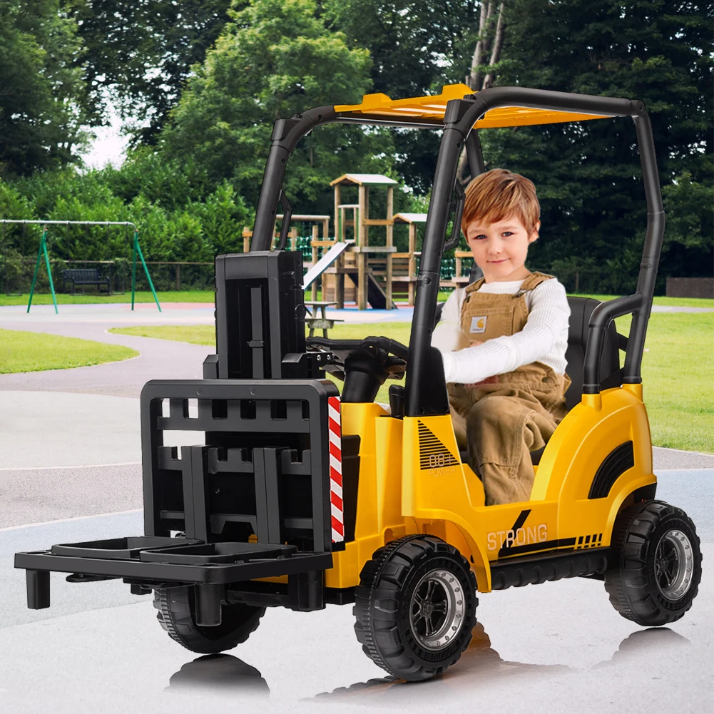 12V Kids Ride on Forklift Car with Tent, Electric Ride On Construction Car with Remote Control, Liftable Fork and Pallet, 2 Speeds, Music, USB, MP3 and Low-Power Alarm