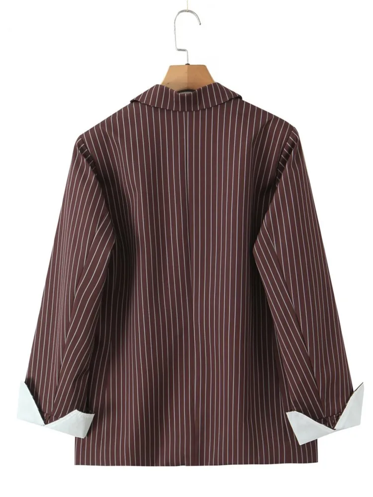 ファッションカジュアルストライプブレザーコート女性用ルーズ長袖ポケットショルダーパッドシングルブレストスーツアウターウェア2025新作秋