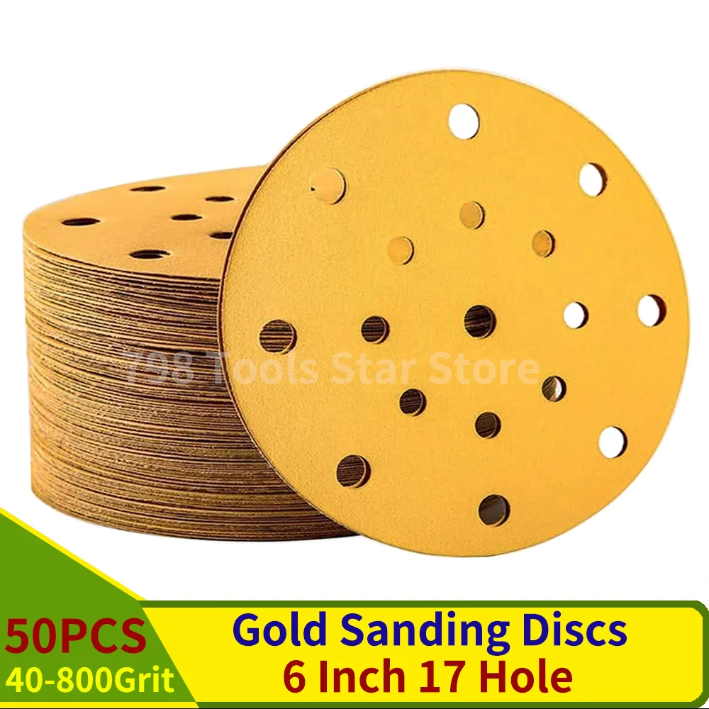 50PCS 6 Inch 17 Hole Hook & Loop Gold Sanding Discs 40-800 Assorted Grits Random Orbit Gold Sandpaper for Automotive Paint Metal