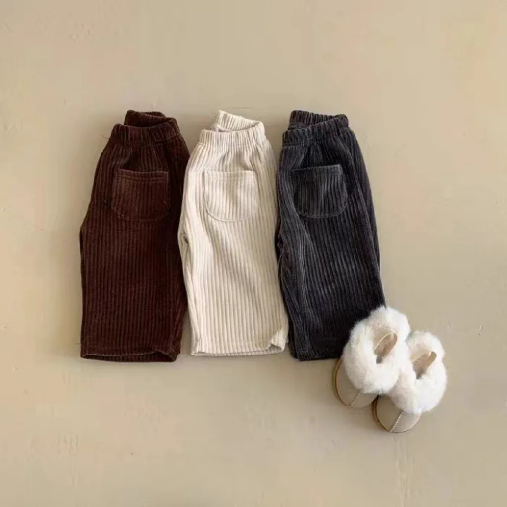 Autumn Winter Kid Boy Solid Ribbed Loose Wide Leg Pants Girl Baby Thicken Corduroy Pants Children Cotton Trousers Infant Clothes