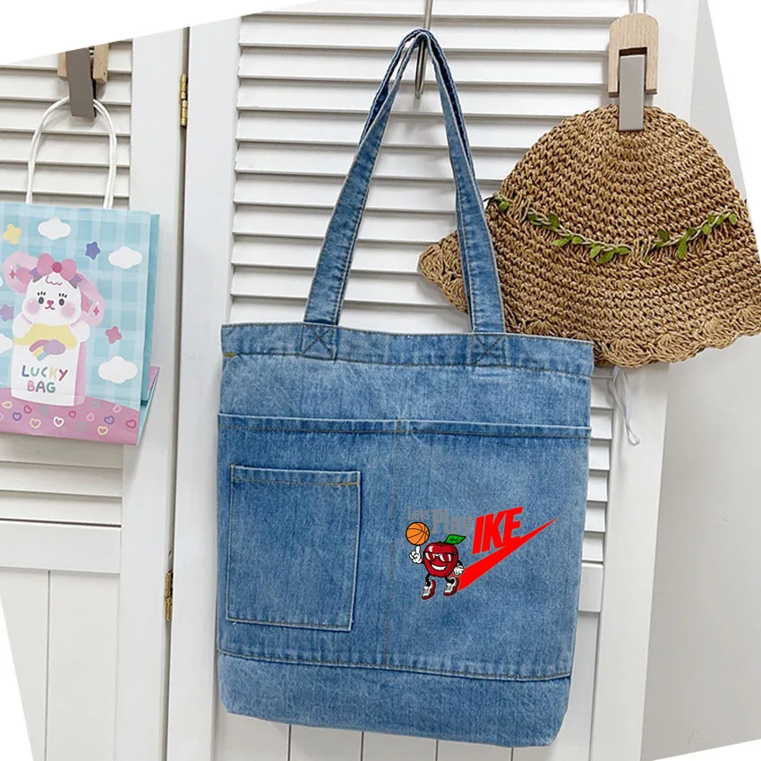 Bolsos de hombro a la moda para mujer, bolso informal, bolso de hombro vaquero callejero, bolso de compras con cremallera de Color sólido con estampado de letras IKE de dibujos animados