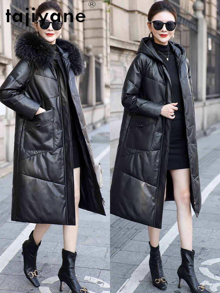 TAJIYANE 100 % Rindsleder-Gänsedaunenmantel für Damen, Waschbärpelzkragen, Pufferjacke, echte Lederjacken, 2025, Damenbekleidung,ariiitut