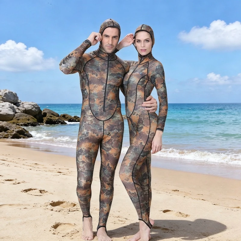 Camo Hooded Full Body Wetsuit with Chest Pad Long Sleeve Rash Guard for Men Women Surfing Diving Snorkeling Swimming 카모 웨트슈트