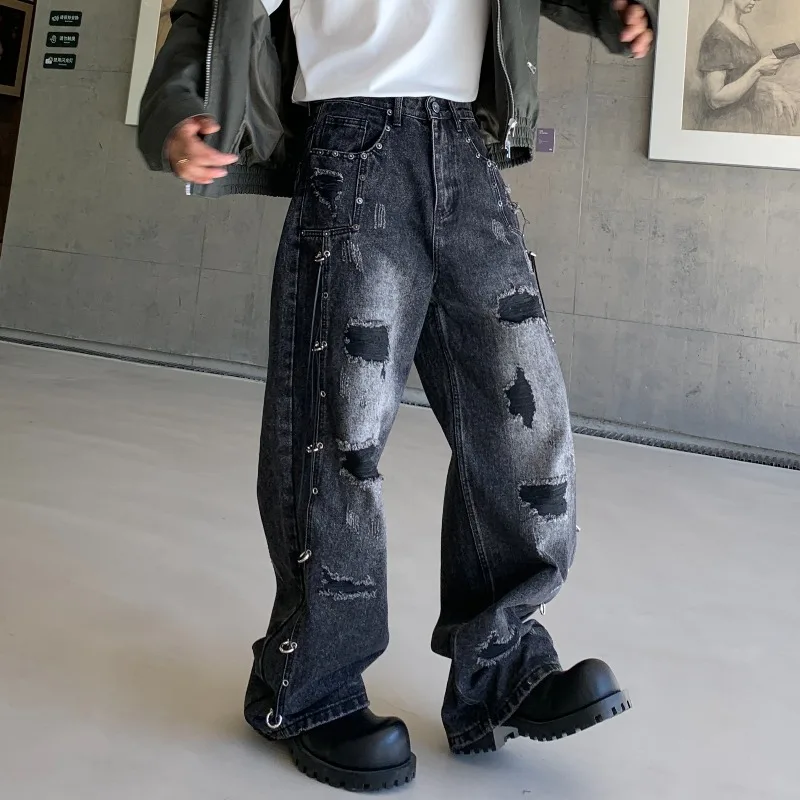 

Черные потертые рваные джинсы с граффити, весна-осень-зима 2026, новые мужские модные универсальные свободные прямые брюки