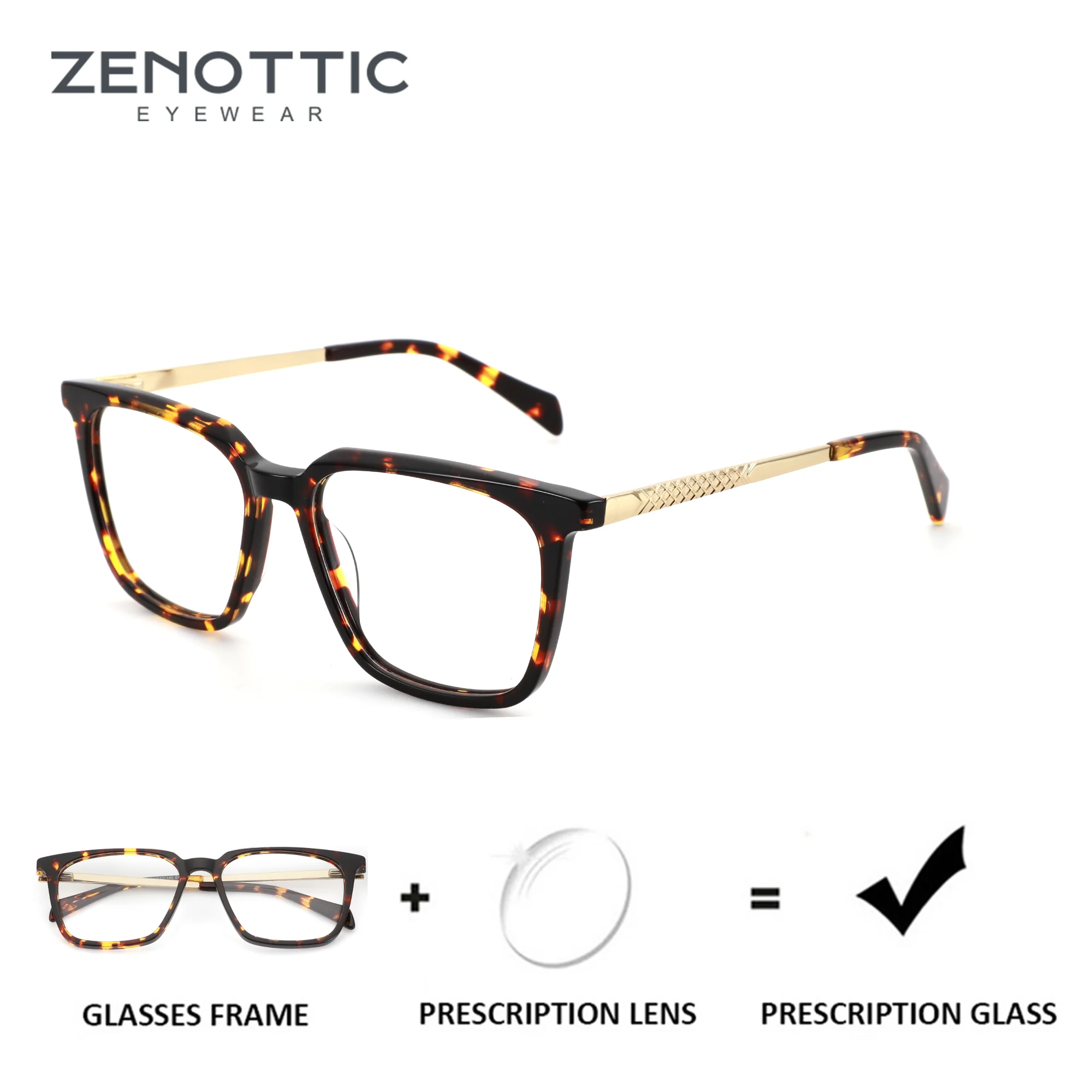 

ZENOTTIC (L Size) Handmade Acetate Square Prescription Eyeglasses Fashion Optical Glasses for Women Anti Blue Light Photochromic
