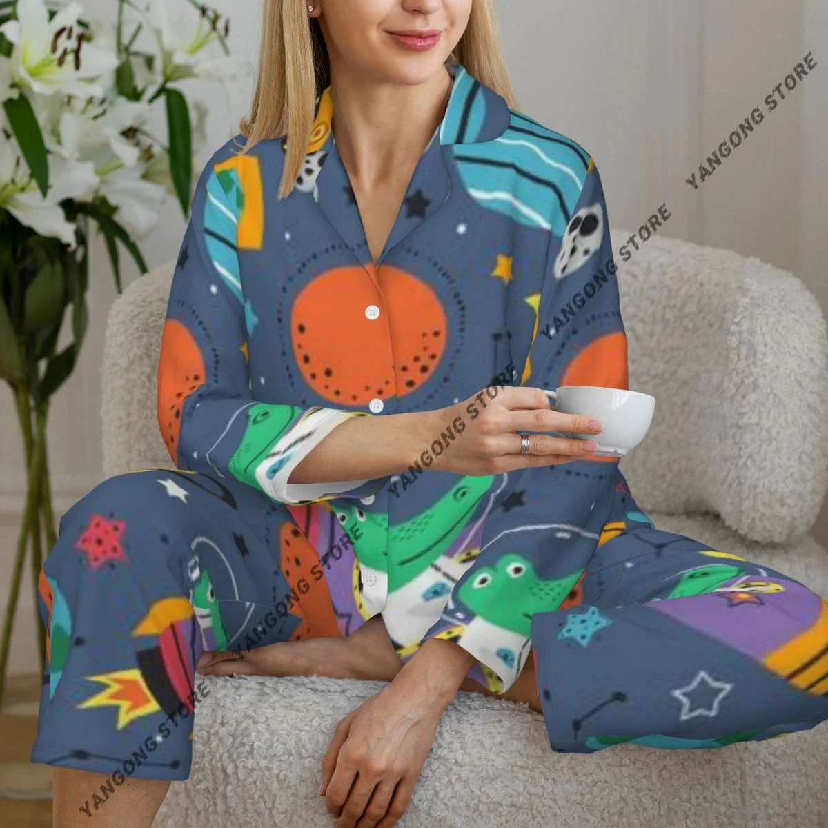 

Women Sleepwear Loungewear Crocodile Fox And Raccoon In Space Long Sleeve Lapel Neck Shirt and Elastic Waist Pants Pajamas Set