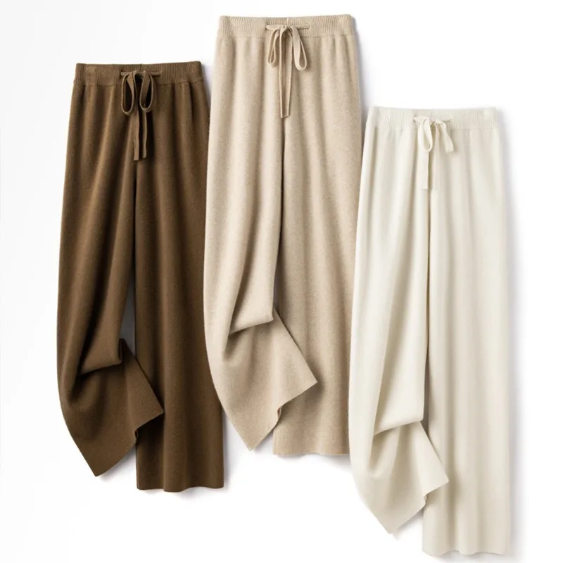 Pure Wool Wide-leg Pants  Women Autumn Winter Outerwear Straight-leg Pants with Cashmere Knitted Floor-length Pants Solid Color