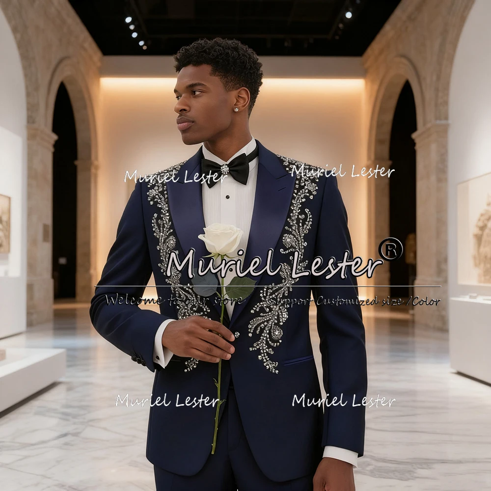 

Man Banquet Beaded Suits For Wedding Single Breasted Jacket Pants 2 Pieces Sets Groom Tuxedos Customized terno masculino Luxury