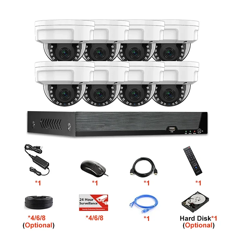 ชุดกล้องวงจรปิดแบบโดมกันขโมย ความละเอียด 3MP 5MP 8MP 4K รองรับ PoE 4 ช่อง 8 ช่อง พร้อมเครื่องบันทึก NVR สำหรับภายนอกอาคาร ระบบรักษาความปลอดภัยด้วยกล้อง IP CCTV