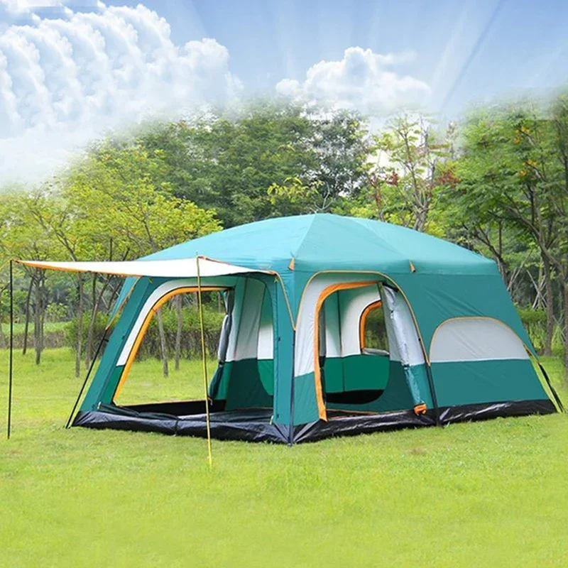 Portable Two-bedroom And One-living Tent Leisure Camping Double-decker Oversized Thickened Rainproof Tent For 8-12 People