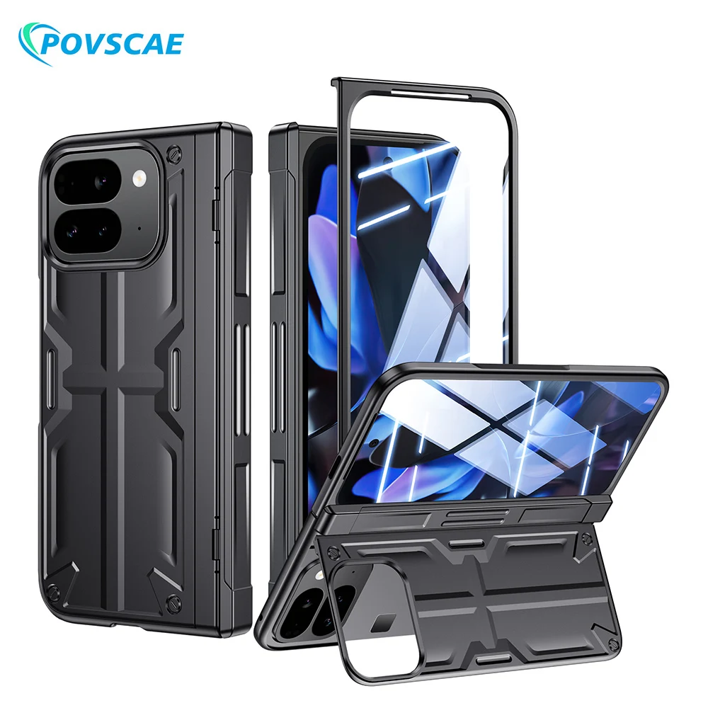 

POVSCAE For Google Pixel 9 Pro Fold Case Full-coverage Hinge Protection Shield Armor Shockproof Case With Stand Screen Protector