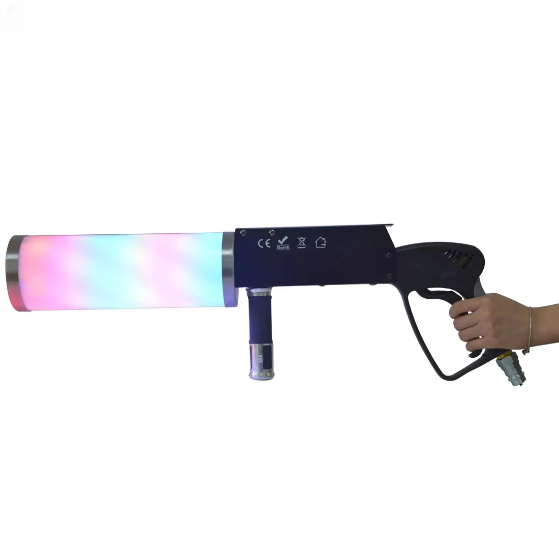 Handheld LED CO2 Jet Gun – 7-Color RGB Fog Cannon for DJ, Stage & Party Special Effects, Gas-Powered Cold Blast