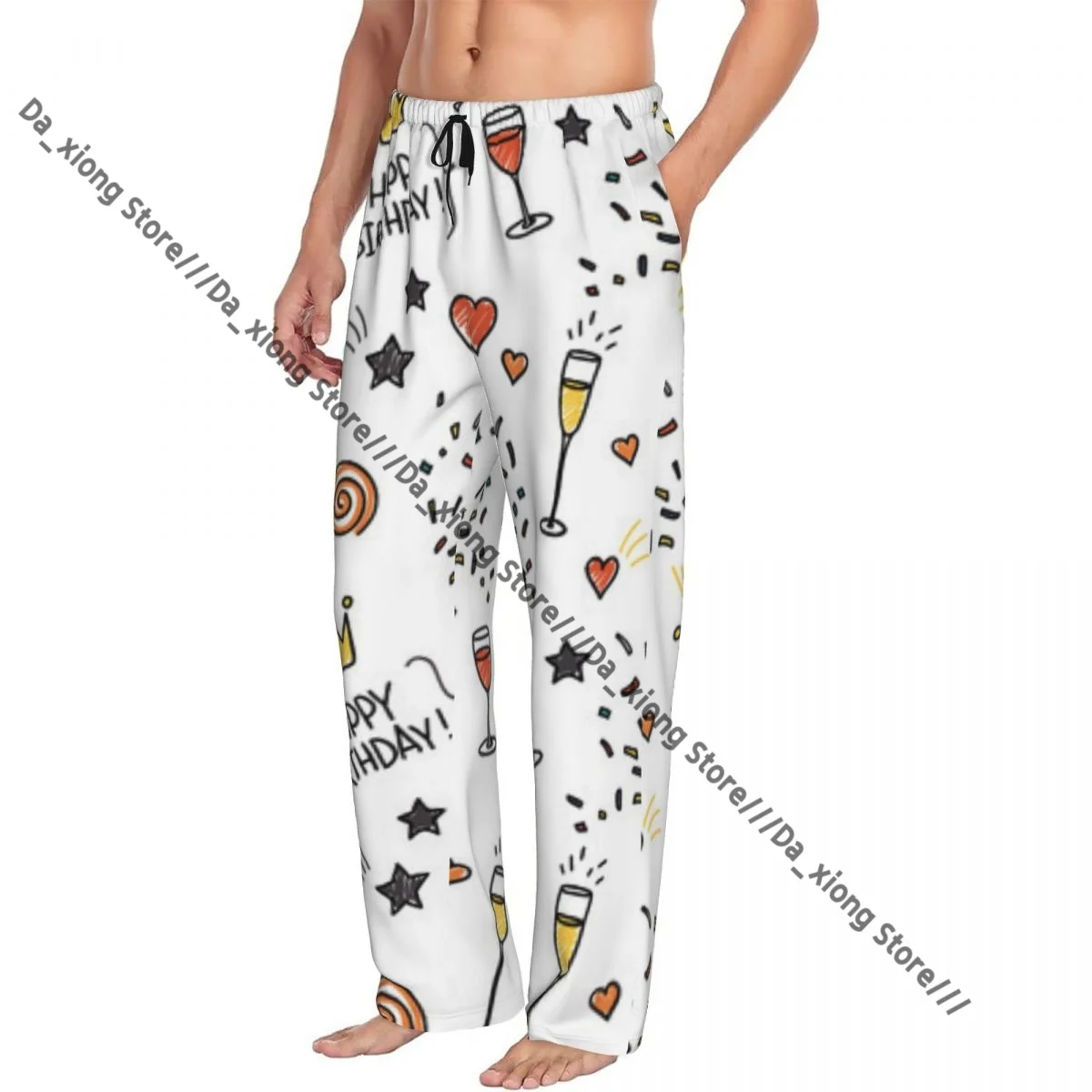 Mens Casual Pajama Long Pant Loose Elastic Waistband Hand Drawn Birthday Theme Pattern Cozy Sleepwear Home Lounge Pants