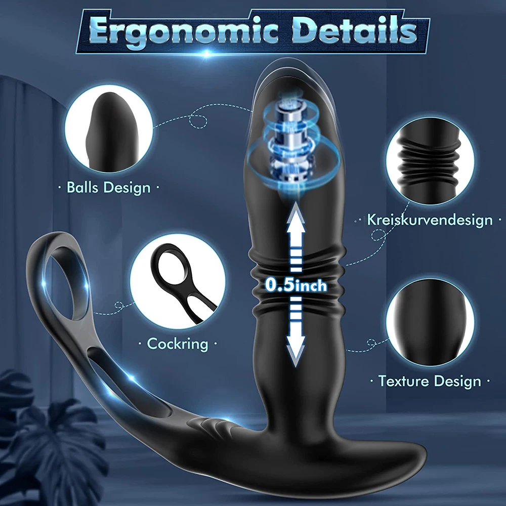 Thrusting Anal Vibrator Prostate Stimulator Massager Delay Ejaculation Lock Ring Silicone Anal Butt Plug Sex Toys Dildos for Men