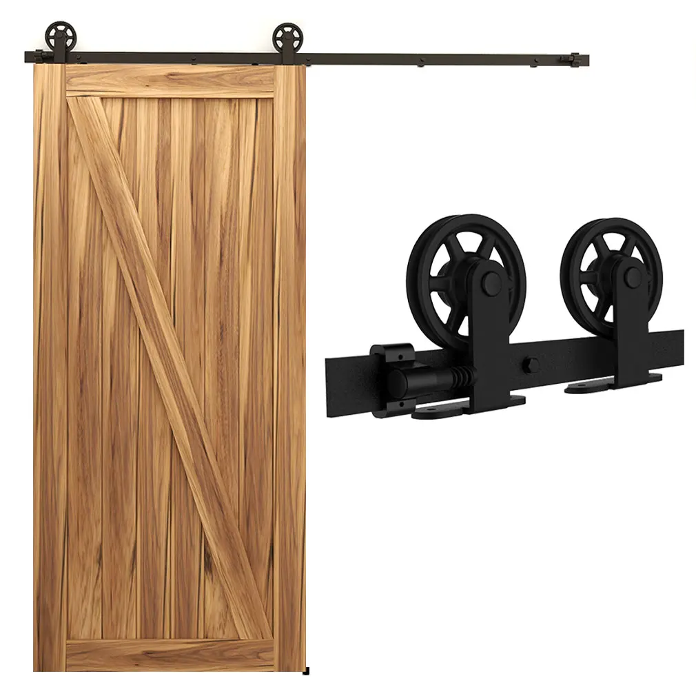 CCJH Barn Door Hardware Kit for Wood Single Barn Door Black Middle Wheel T Type Roller Hanger Not Easy to Rust with Floor Guide