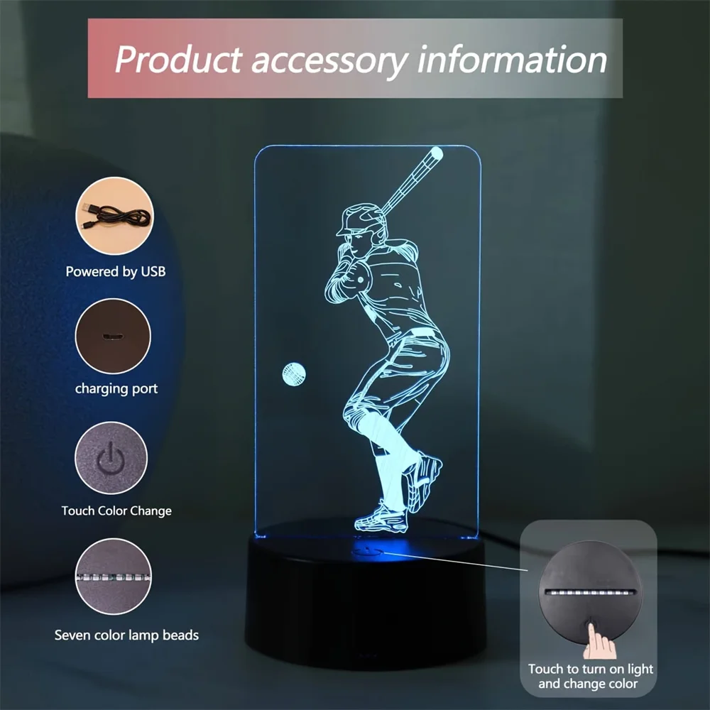 Baseball Player 3D Night Light LED Touch Illusion Light 7/16 Colors Changing USB Table Lamp for Home Office Desk Decoration Gift