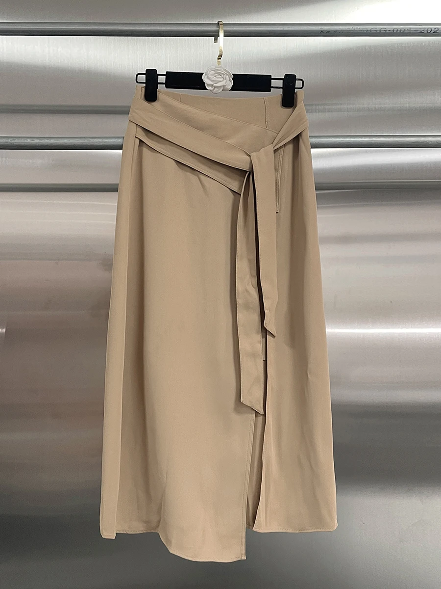 GALCAUR Khaki Spliced Lace Up Chic Skirt Female High Waist Loose Vintage Literary Women's Long Skirts Autumn Fashion New Style